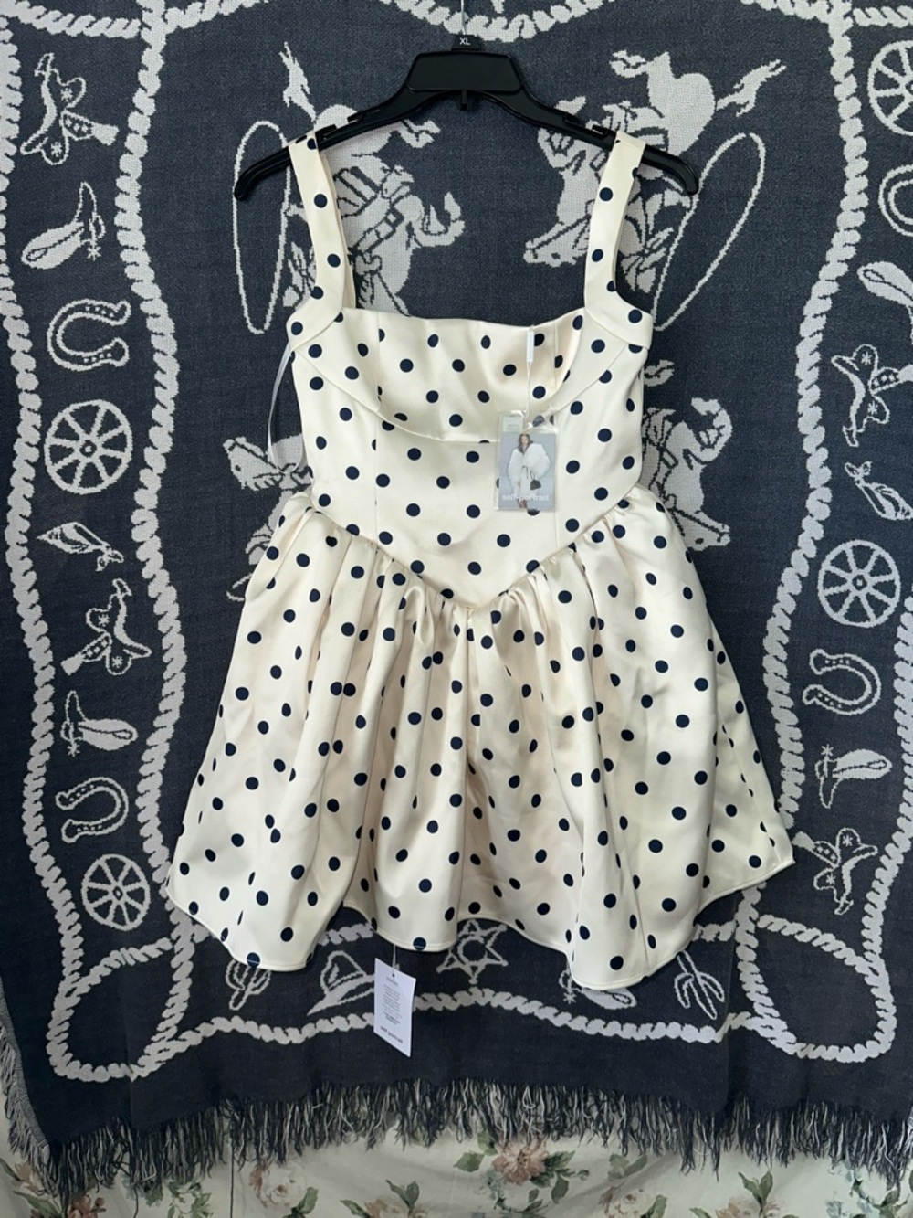 Self-Portrait Cream Satin Dress with Black Accent